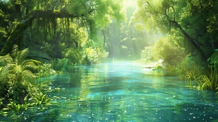 Obraz premium Sunlit River Through Lush Tropical Forest