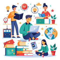 A diverse set of individuals is actively participating in educational activities at home utilizing books laptops and study tools for learning