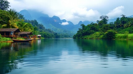 Fototapeta premium The calm waters of the River Kwai surrounded by lush green hills, creating a picturesque scene.