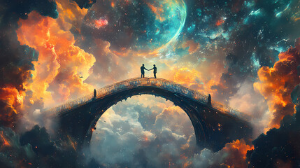 Two ends of a bridge drawn together by a force that surpasses our understanding inviting us to ponder the mysteries of the quantum realm. Quantum Realm. Illustration