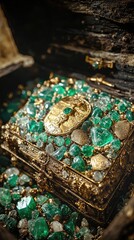 A beautiful treasure chest adorned with emeralds and gold, evoking a sense of mystery and adventure.