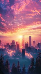 Fototapeta premium A breathtaking sunset over a city skyline, surrounded by misty clouds and silhouette of trees, creating a serene urban landscape.