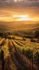 A breathtaking sunset over a lush vineyard, showcasing rows of grapevines against a stunning mountainous backdrop.