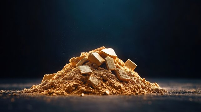 Pile of chocolate powder with chunks, dark background.