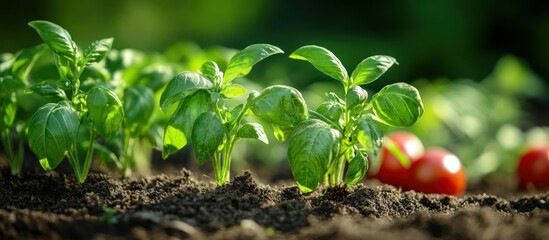Close-up of green basil plants growing in soil with red tomatoes in the background.
