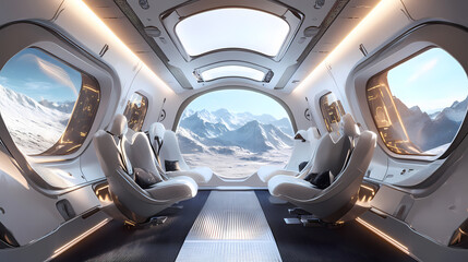 White and clean spaceship interior with view on planet mountains. 3d rendering style of a spaceship interior. Spaceship Interior. Illustration