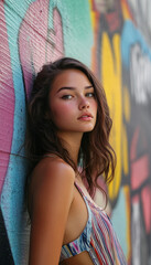 Naklejka premium Position the model in front of colorful, expressive graffiti walls, using the urban art as part of the visual storytelling