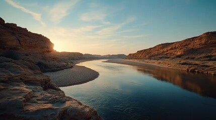 Scenic river winding through rugged cliffs under a vibrant sky at sunset.