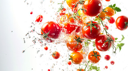 Washing a tomato in clear clear water on a white background. Fresh juicy fragrant red tomatoes fly into the air with droplets of water. An ingredient for a summer salad. Healthy eating