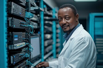 African American Man in a White Lab Coat Working on a Server Rack in a Data Center