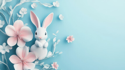 Obraz premium Cute little bunny with 3D flowers on a blue background.