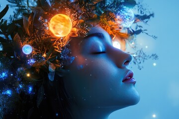 Woman with Closed Eyes Wearing a Crown of Plants and Glowing Orbs