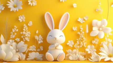 Fototapeta premium Cute little bunny with 3D flowers on yellow background.