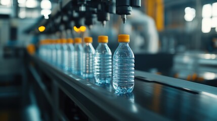 Water bottles on a production line in a modern factory setting.