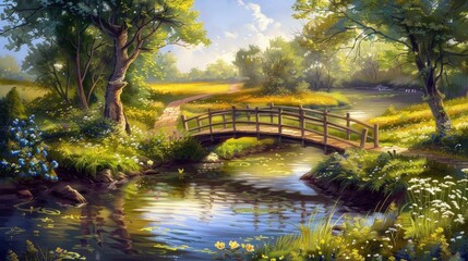 Fototapeta premium A Serene Wooden Bridge Over a Tranquil Stream