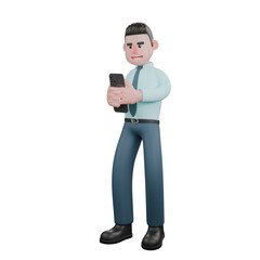 Financial 3D Illustration. A male financial analyst stands with both hands holding a cellphone. Professional Male Analyst