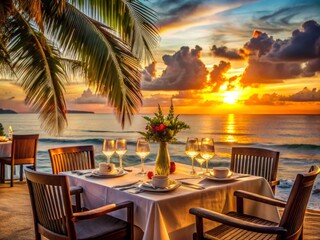 Fototapeta premium Elegant table setting at a beach restaurant with ocean view, tropical decor, and sunset ambiance