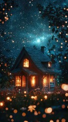 Obraz premium A cozy cottage glows warmly under a starry night sky, surrounded by enchanting fireflies and lush nature.
