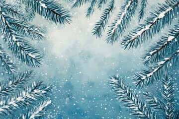 A Snowy Winter Landscape with Pine Branches and a Blue Background