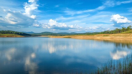 The peaceful Lam Takhong Reservoir with the reflection of the blue sky on the water.