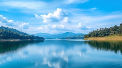 Fototapeta premium The peaceful Lam Takhong Reservoir with the reflection of the blue sky on the water.