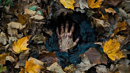 Creepy Hand Emerging from Dark Ground in Fall Leaves