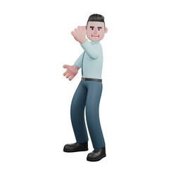 Male Financial Analyst with Reports. A male financial analyst is standing with his left hand raised in front of his chest, clenched into a fist, while his right hand is bent forward. 3D Illustration