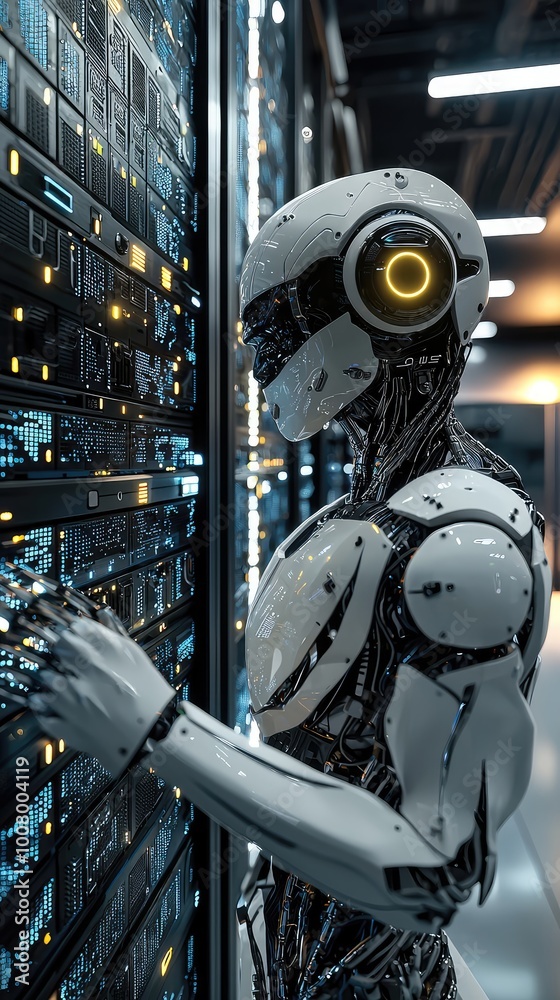 Poster a futuristic humanoid robot interacts with a data server in a high-tech environment, showcasing adva