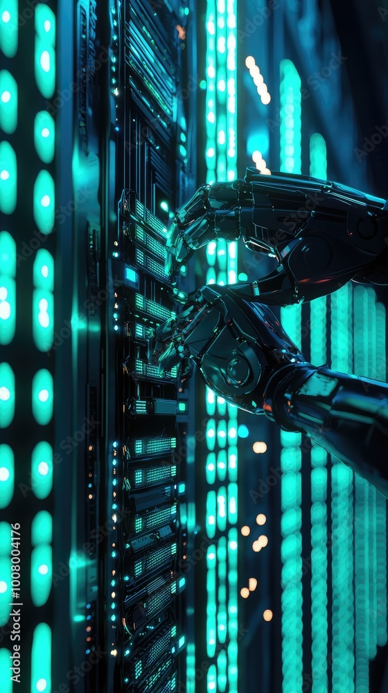 Poster a futuristic robot hand interacts with a digital interface, showcasing advanced technology and autom