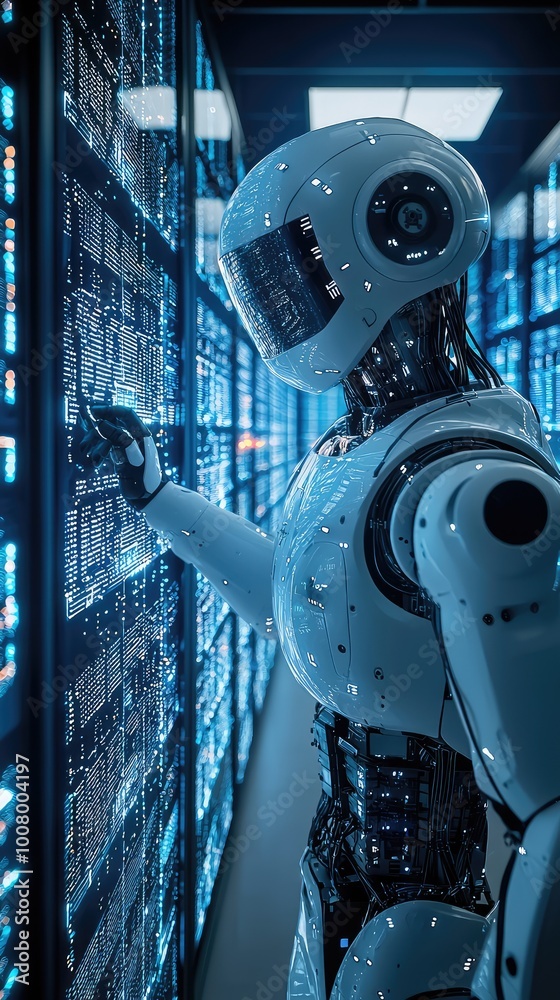 Poster a futuristic robot interacting with a data server, showcasing advanced technology and artificial int
