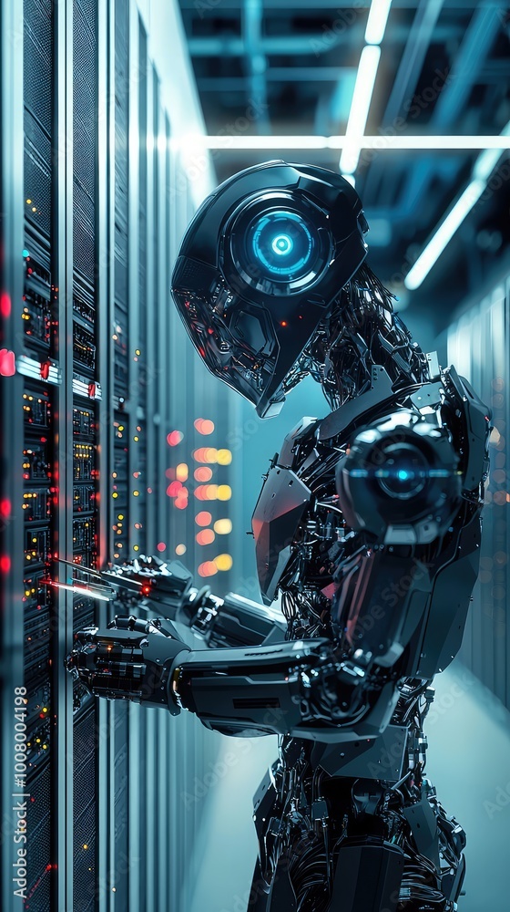 Poster a futuristic robot interacting with a data server, showcasing advanced technology and artificial int