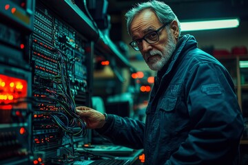 Senior Technician Working on Complex Network Equipment