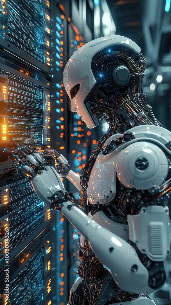 Poster a futuristic robot interacting with a high-tech server, showcasing advanced technology and artificia