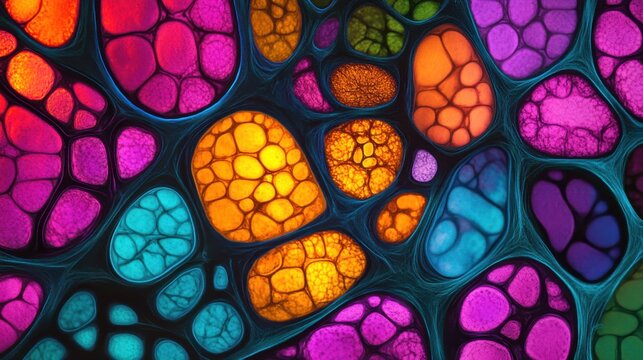 Micrograph of plant cells from a woody dicot stem under a microscope showcasing detailed cellular structure in vibrant colors