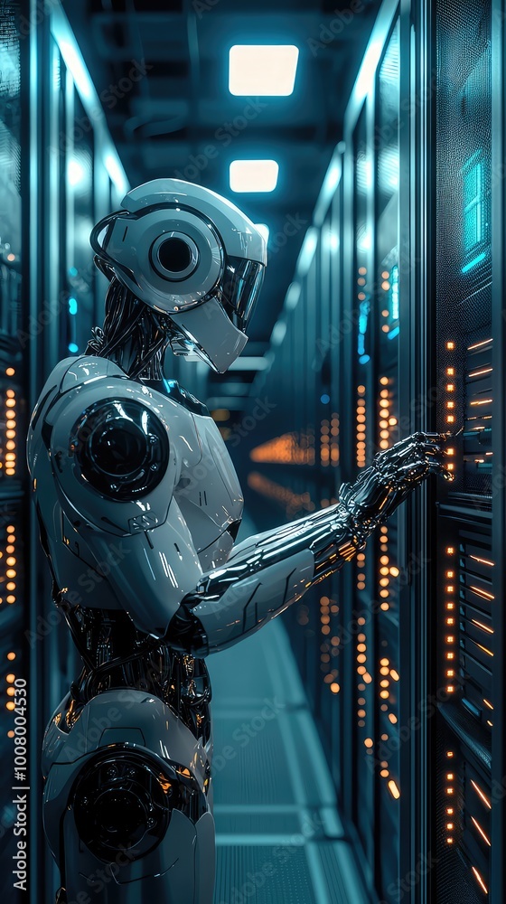 Poster a futuristic robot interacting with advanced technology in a high-tech data center, showcasing innov