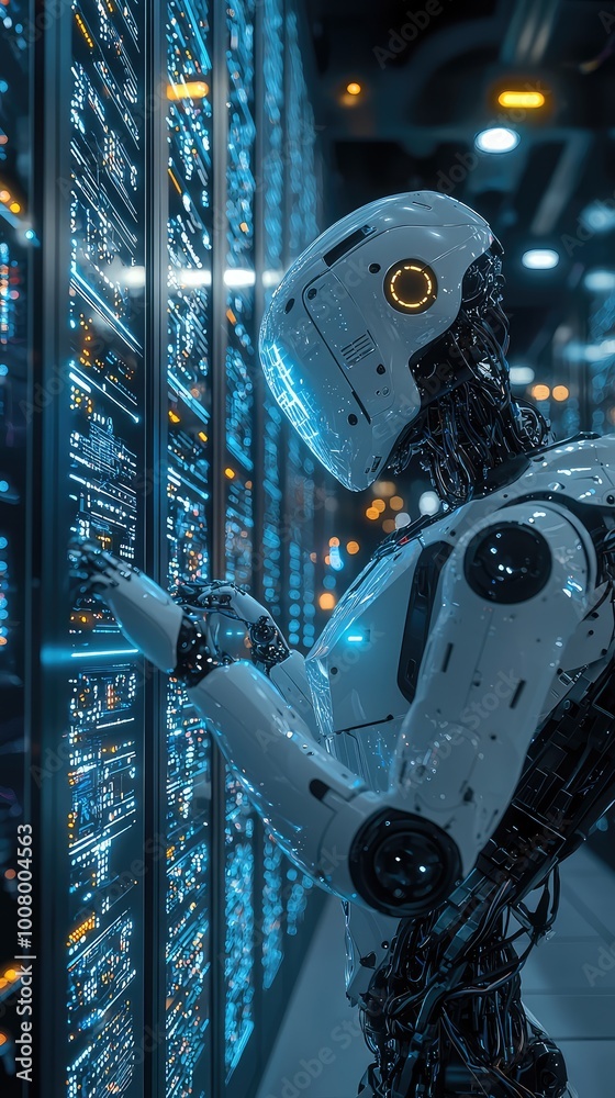 Poster a futuristic robot interacting with data servers in a high-tech environment, showcasing advanced tec
