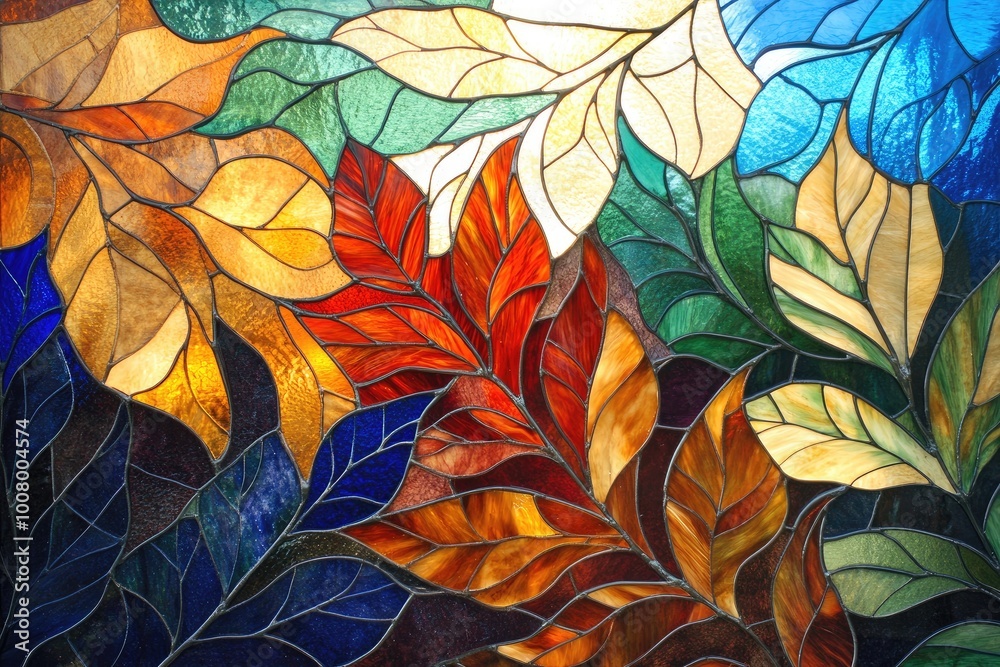 Wall mural Stained Glass Window Depicting a Colorful Leaf Pattern