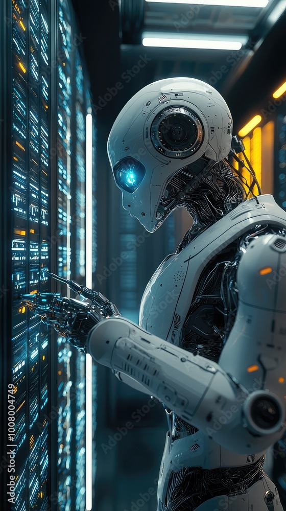 Poster a futuristic robot interacts with a data server in a high-tech environment, showcasing advanced tech