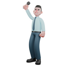 3D Animated Financial Analyst. A male financial analyst stands with his right hand raised upwards while holding a mic. Male Investment Figure