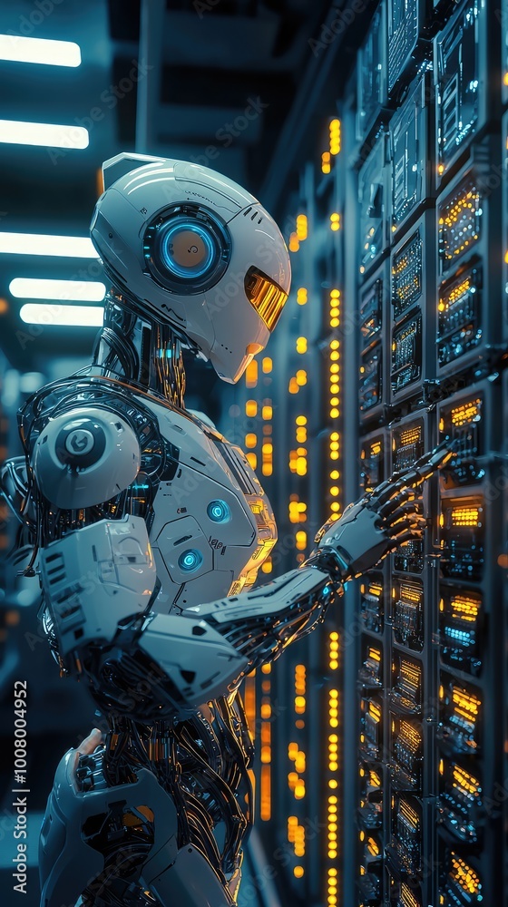 Poster a futuristic robot interacts with advanced server technology in a high-tech data center, showcasing 