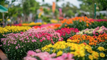 Obraz premium The stunning flower beds at Flora Park Wang Nam Khiao, with colorful blooms as far as the eye can see.