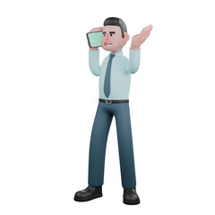 Animated Male Financial Analyst. A male financial analyst stands with his right hand holding a cellphone and his left hand raised upwards with the palm facing upwards. 3D Fiscal Professional