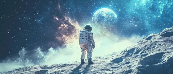 Obraz premium Capture the awe-inspiring moment of an astronaut standing on the moon's surface, illuminated by distant starlight, with Earth visible in the background, highlighting the vastness of space 