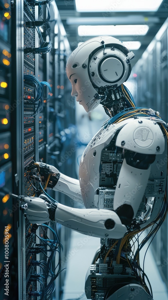 Poster a humanoid robot interacts with server racks in a modern data center, showcasing advanced technology