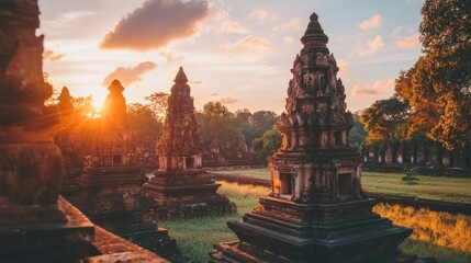 Naklejka premium The stunning sandstone sculptures of Phanom Rung Historical Park during sunset.