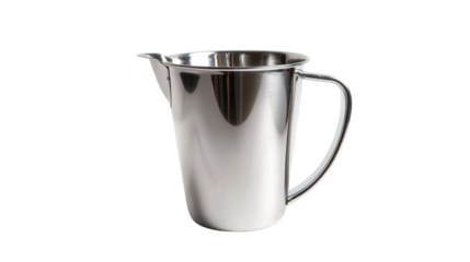 Stainless steel mixing jug with handle on white background 