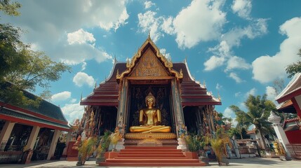 Fototapeta premium The towering Buddha image at Wat Phra Narai Maharat, one of Korat oldest temples.