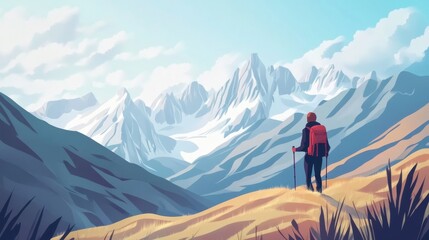Illustration of a person hiking in a vast mountainous landscape capturing the spirit of adventure and exploration in nature
