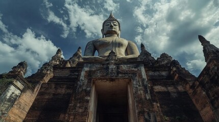 Fototapeta premium The towering Buddha image at Wat Phra Narai Maharat, one of Korat oldest temples.