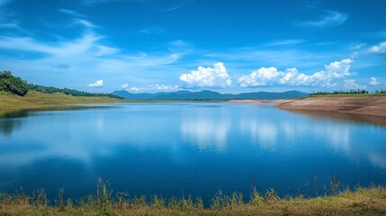 Obraz premium The tranquil beauty of Srinakarin Dam, with its vast reservoir reflecting the blue sky.